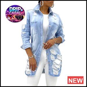 Distressed Denim Jacket with Fray Hem Tassels, Long Sleeve, Polyester